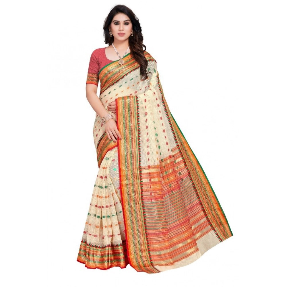 Vaystra Kota Doria Cotton Woven Butta Saree With Blouse – Cream