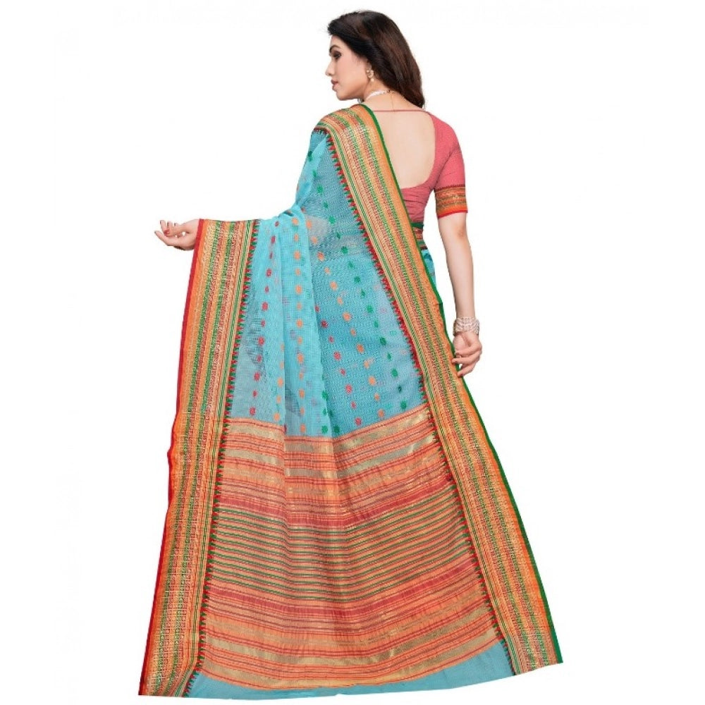 Vaystra Kota Doria Cotton Woven Butta Saree With Blouse – Sky Blue