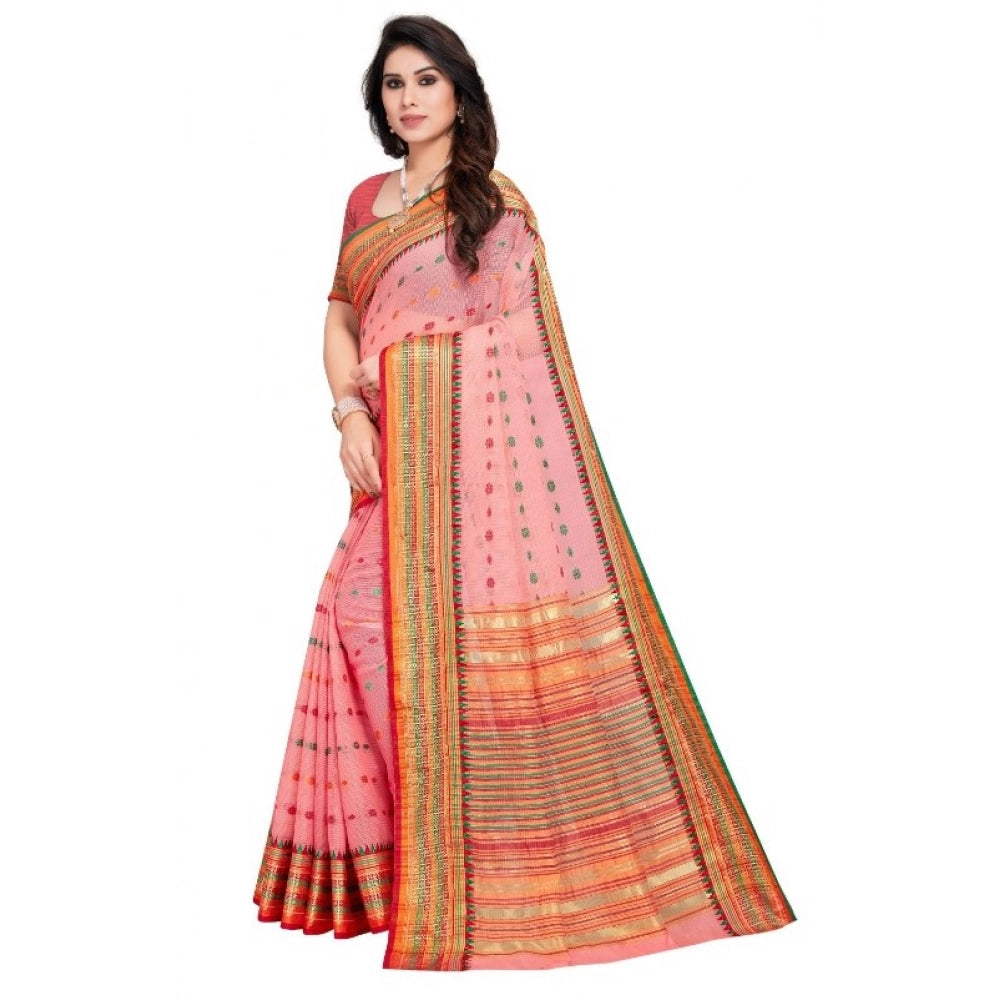 Vaystra Kota Doria Cotton Woven Butta Saree With Blouse – Pink