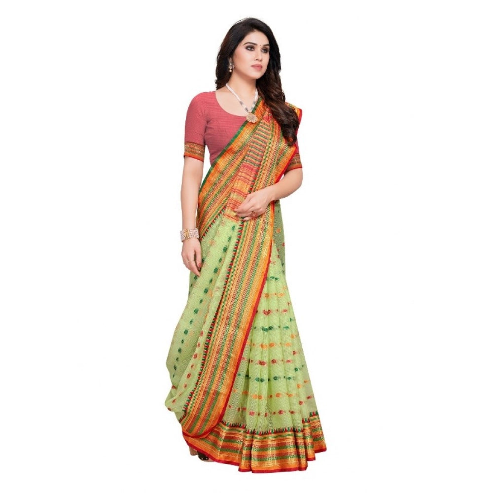 Vaystra Kota Doria Cotton Woven Butta Saree With Blouse – Light Green