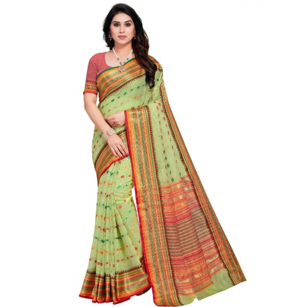 Vaystra Kota Doria Cotton Woven Butta Saree With Blouse – Light Green
