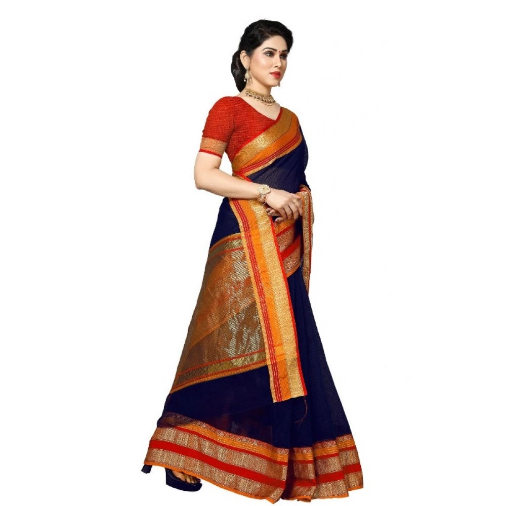Vaystra Kota Doria Cotton Border Saree With Blouse – Navy Blue
