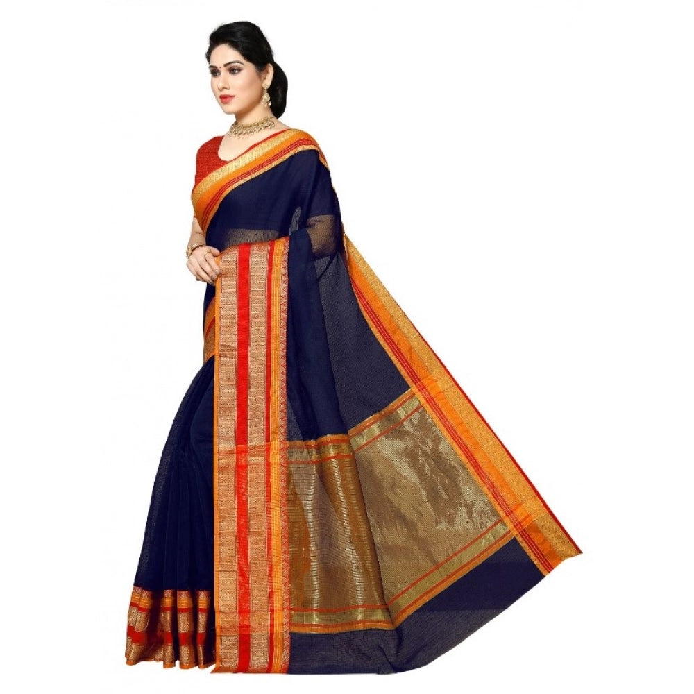 Vaystra Kota Doria Cotton Border Saree With Blouse – Navy Blue