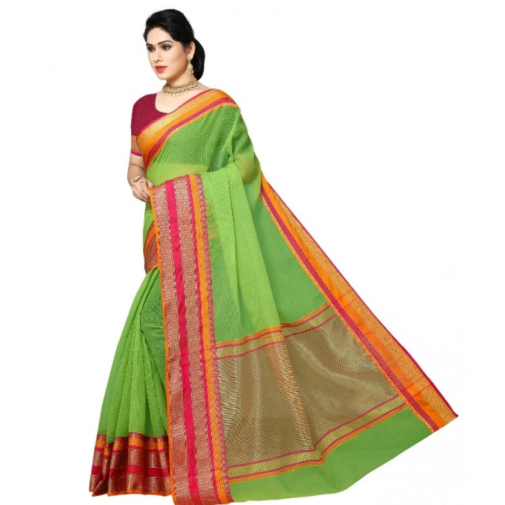 Vaystra Kota Doria Cotton Border Saree With Blouse – Light Green