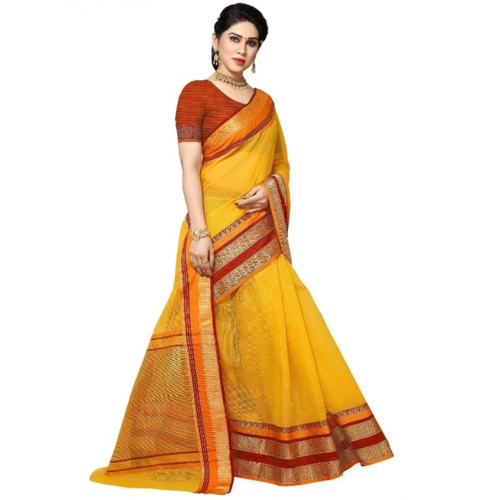 Vaystra Kota Doria Cotton Border Saree With Blouse – Yellow