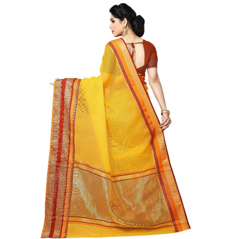 Vaystra Kota Doria Cotton Border Saree With Blouse – Yellow