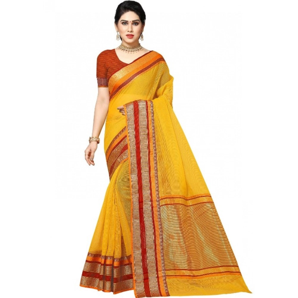 Vaystra Kota Doria Cotton Border Saree With Blouse – Yellow