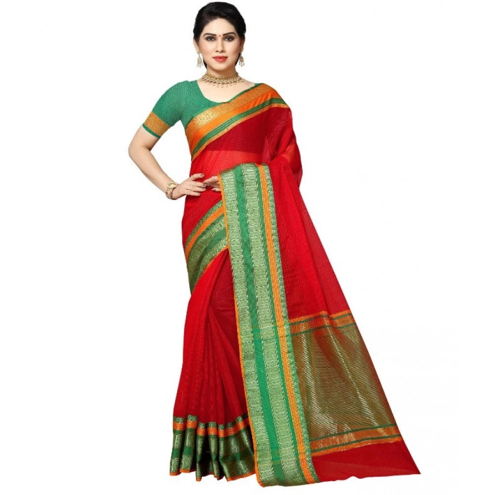 Vaystra Kota Doria Cotton Border Saree With Blouse – Red