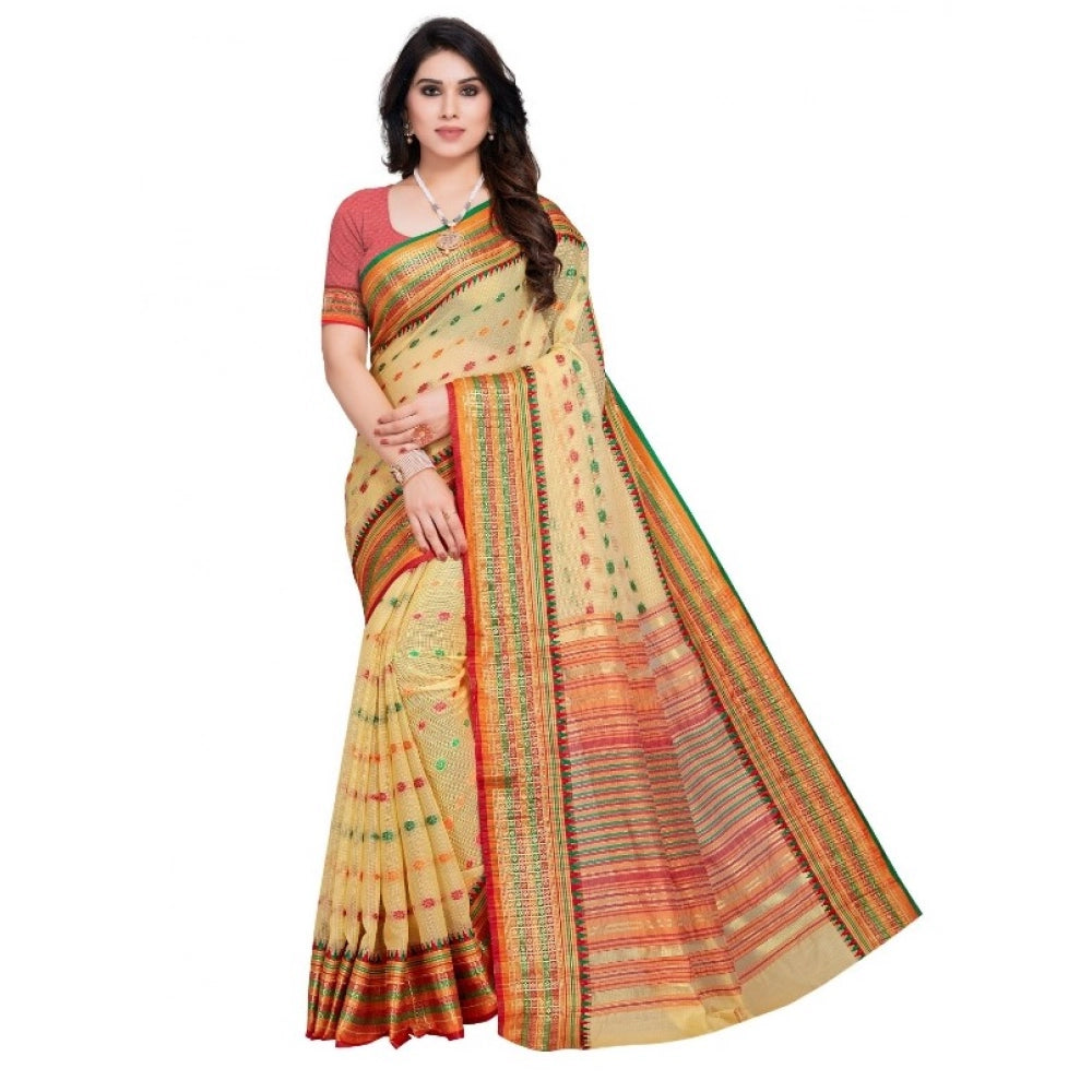 Vaystra Kota Doria Cotton Woven Butta Saree With Blouse – Beige