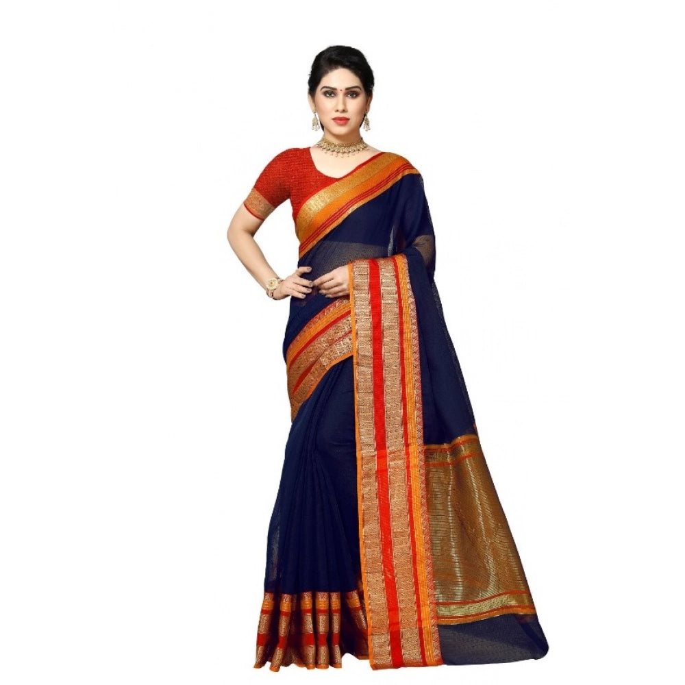 Vaystra Kota Doria Cotton Border Saree With Blouse – Navy Blue