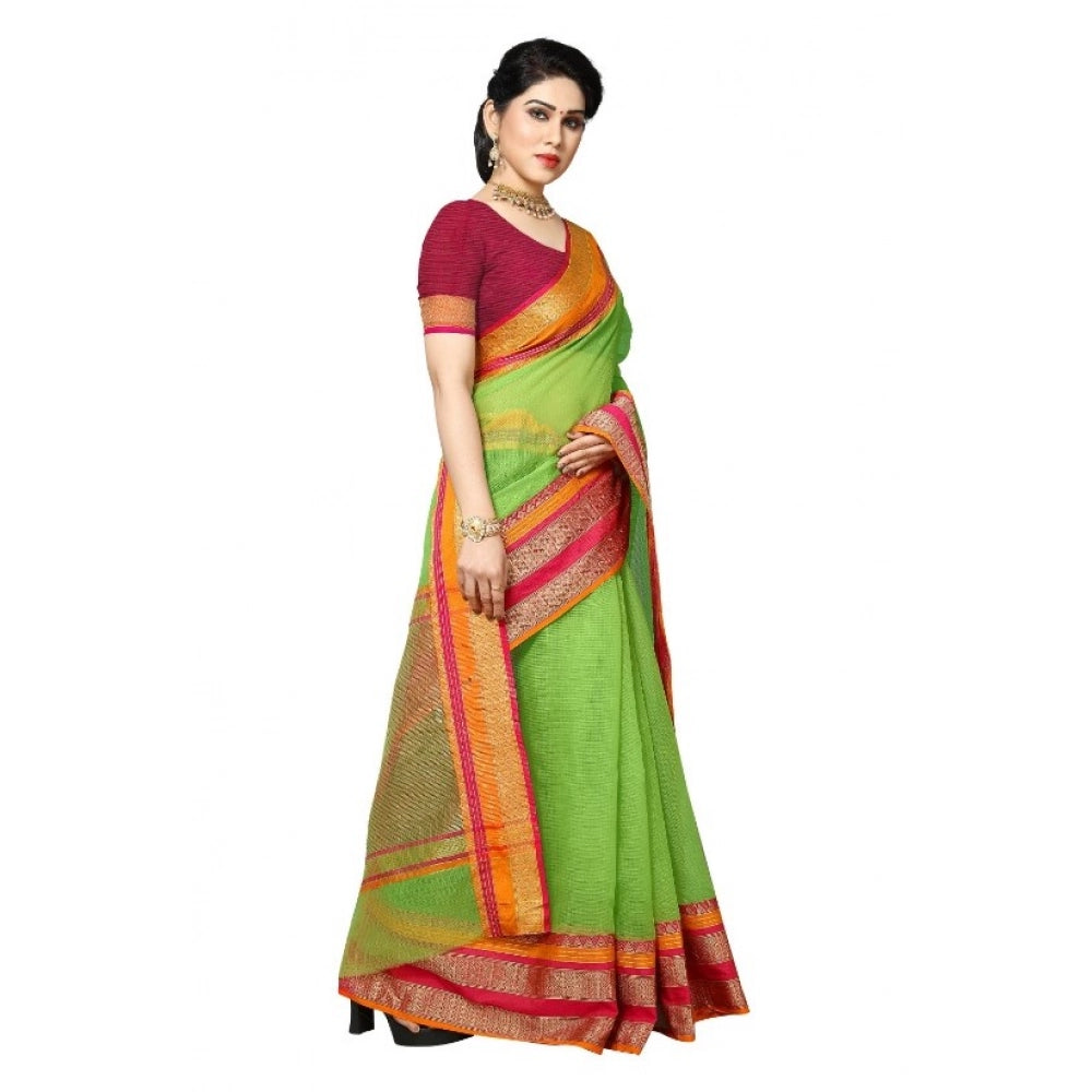 Vaystra Kota Doria Cotton Border Saree With Blouse – Light Green