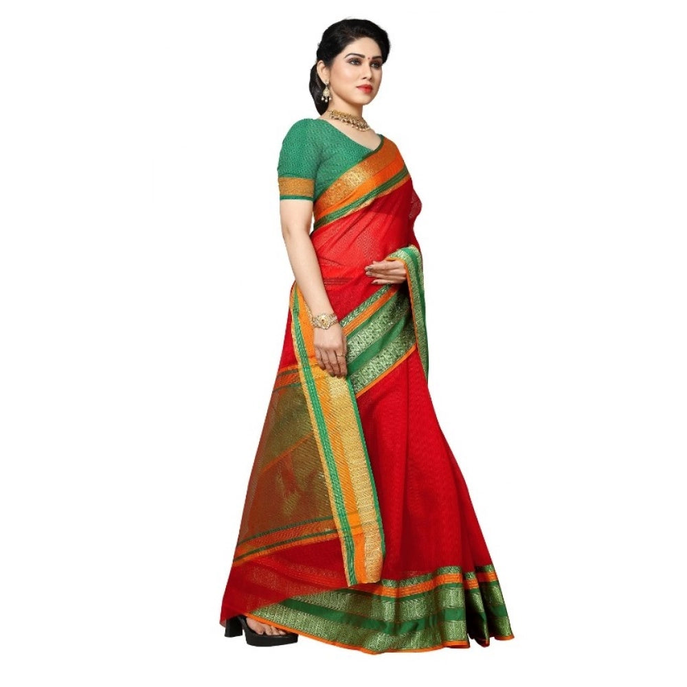 Vaystra Kota Doria Cotton Border Saree With Blouse – Red