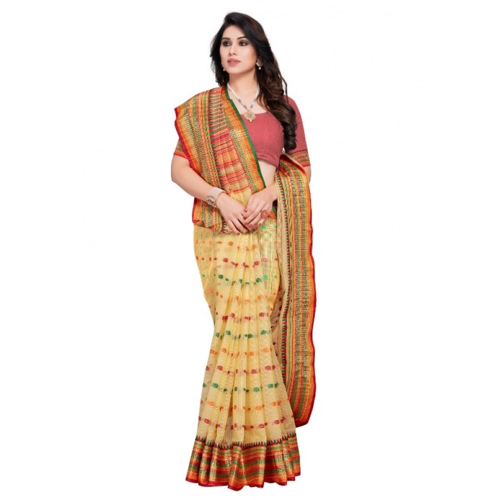 Vaystra Kota Doria Cotton Woven Butta Saree With Blouse – Beige