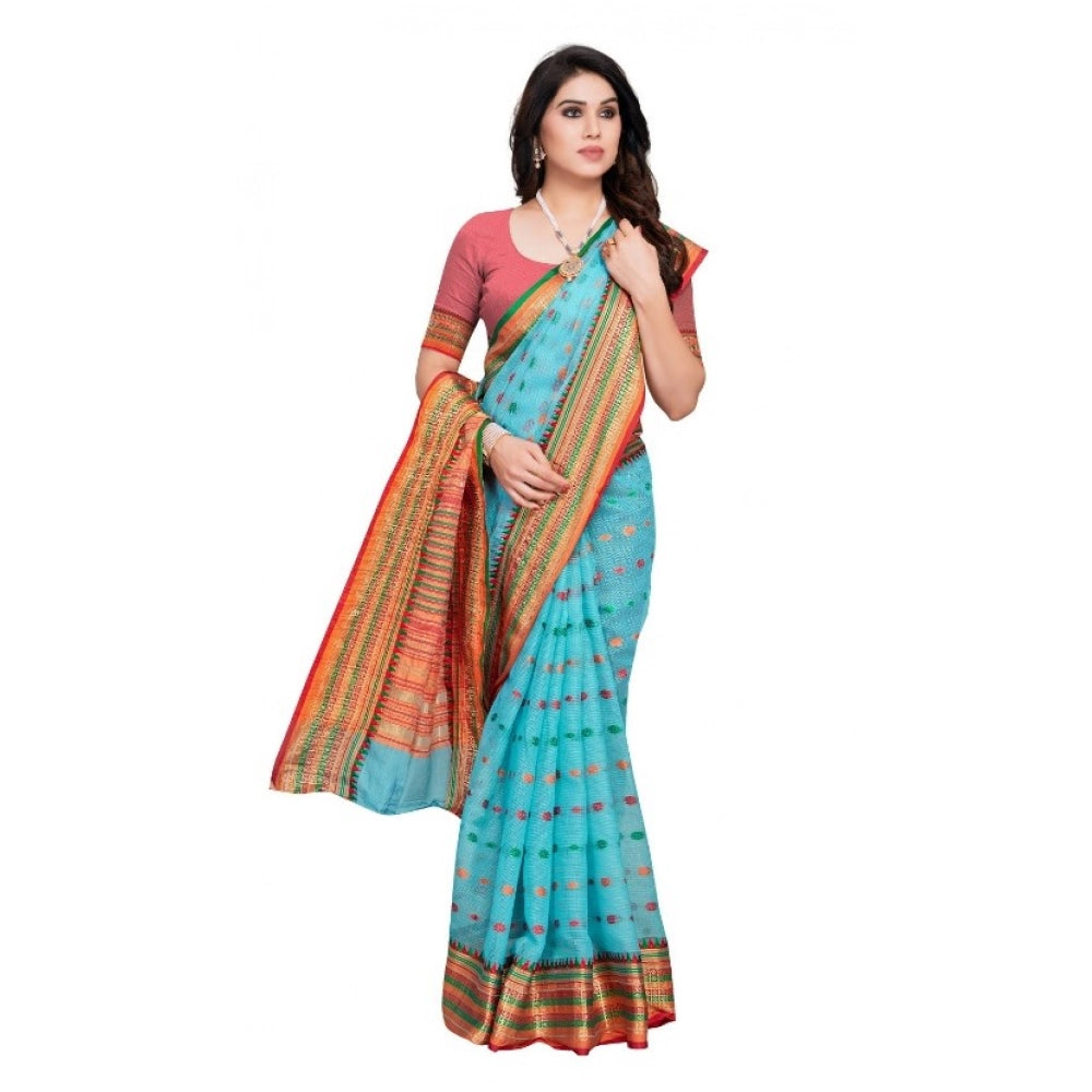 Vaystra Kota Doria Cotton Woven Butta Saree With Blouse – Sky Blue
