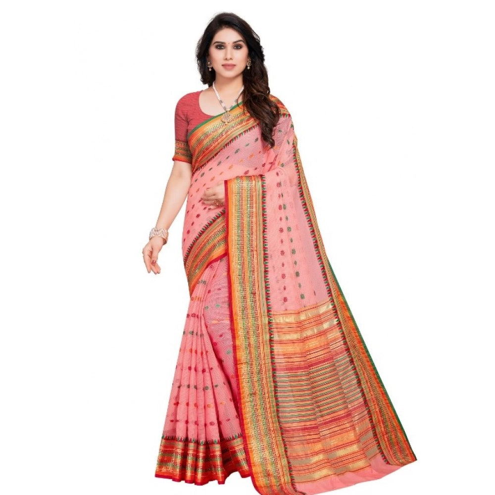 Vaystra Kota Doria Cotton Woven Butta Saree With Blouse – Pink