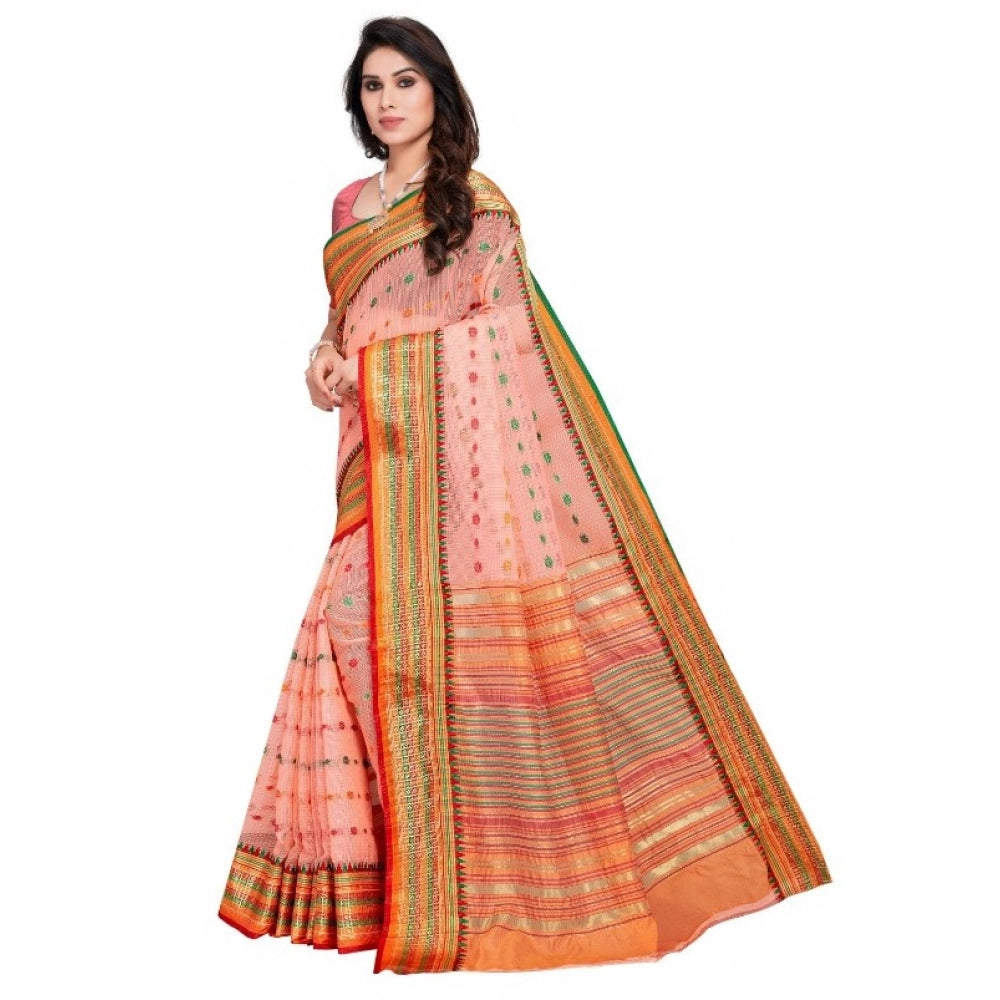 Vaystra Kota Doria Cotton Woven Butta Saree With Blouse – Peach