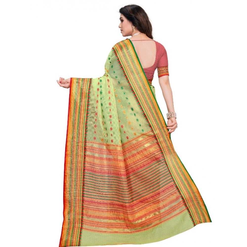 Vaystra Kota Doria Cotton Woven Butta Saree With Blouse – Light Green