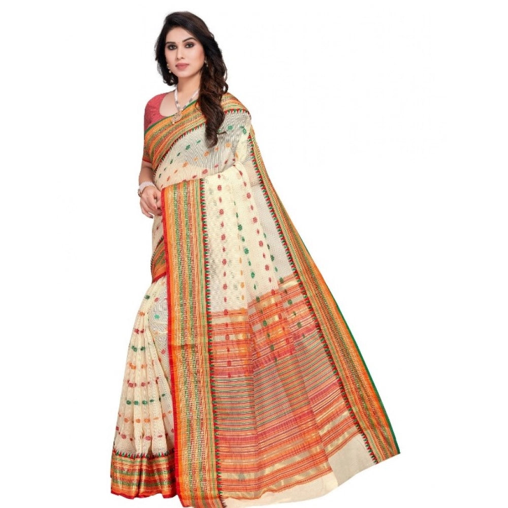Vaystra Kota Doria Cotton Woven Butta Saree With Blouse – Cream
