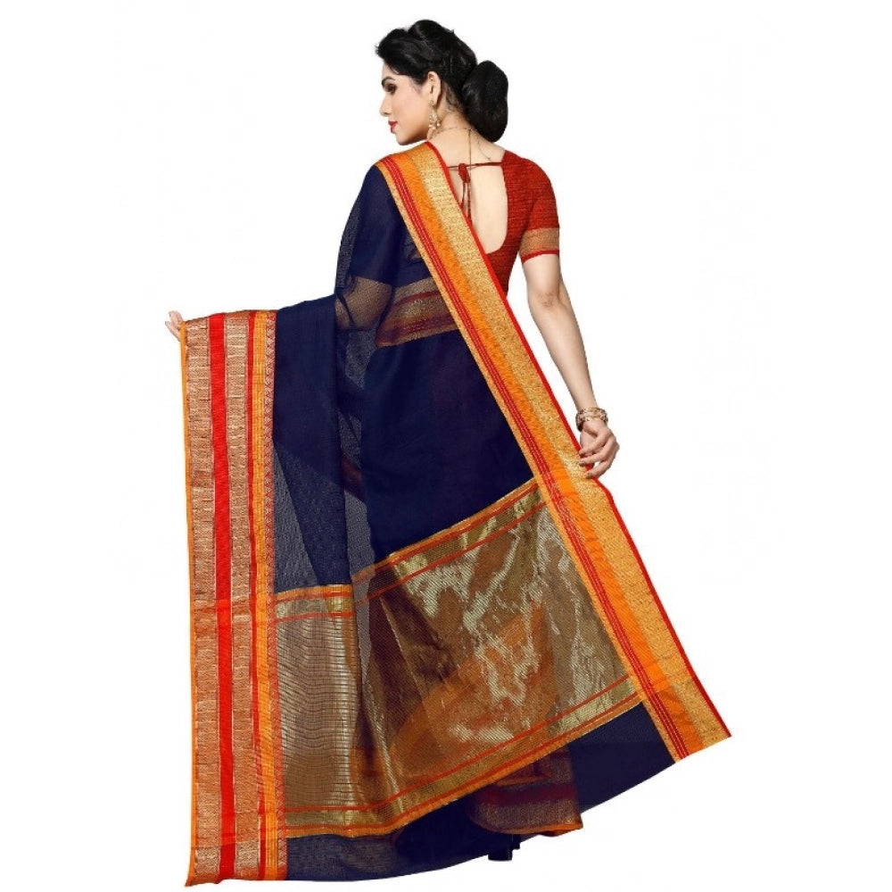Vaystra Kota Doria Cotton Border Saree With Blouse – Navy Blue