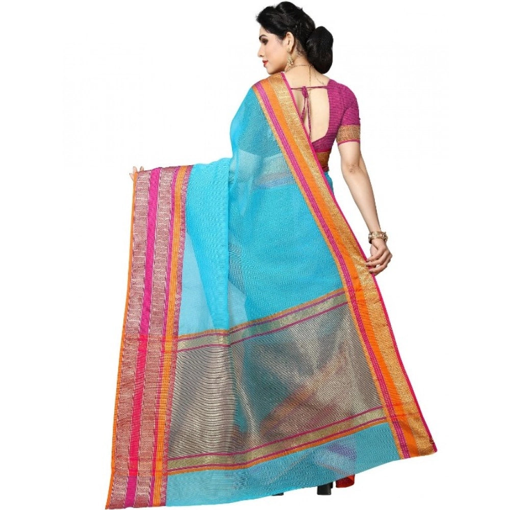 Vaystra Kota Doria Cotton Border Saree With Blouse – Sky Blue
