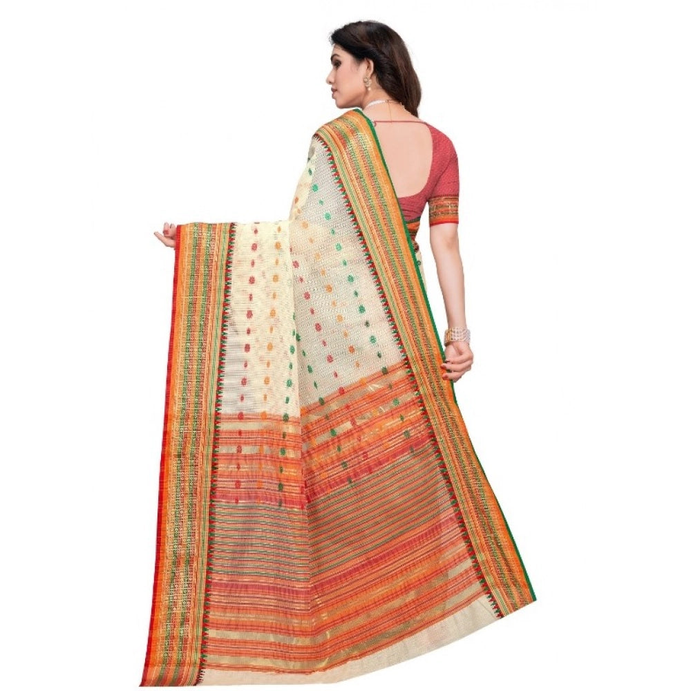 Vaystra Kota Doria Cotton Woven Butta Saree With Blouse – Cream