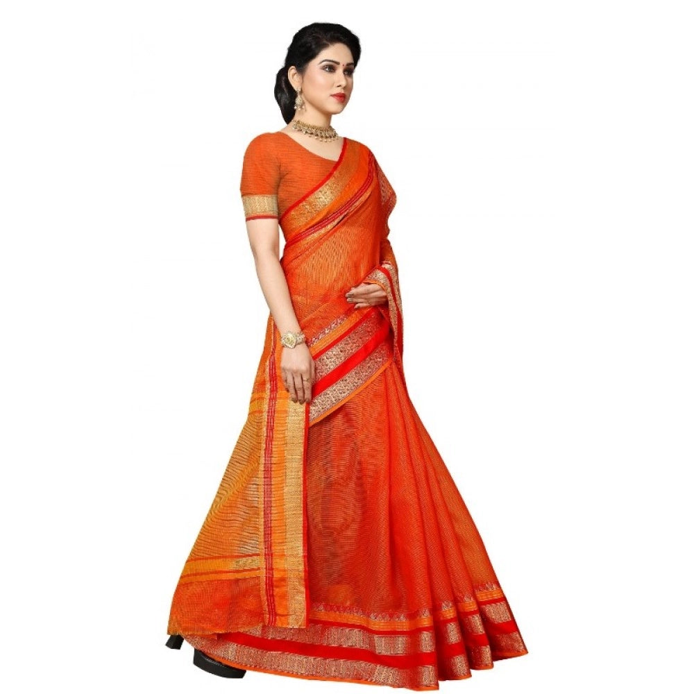 Vaystra Kota Doria Cotton Border Saree With Blouse – Orange