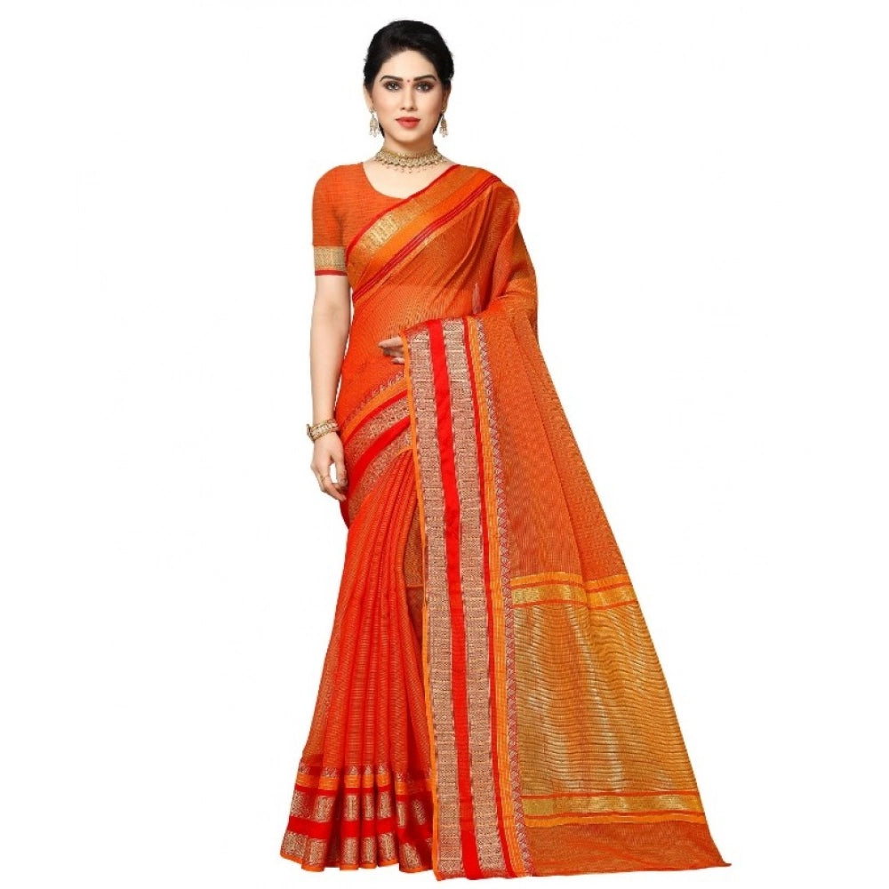Vaystra Kota Doria Cotton Border Saree With Blouse – Orange