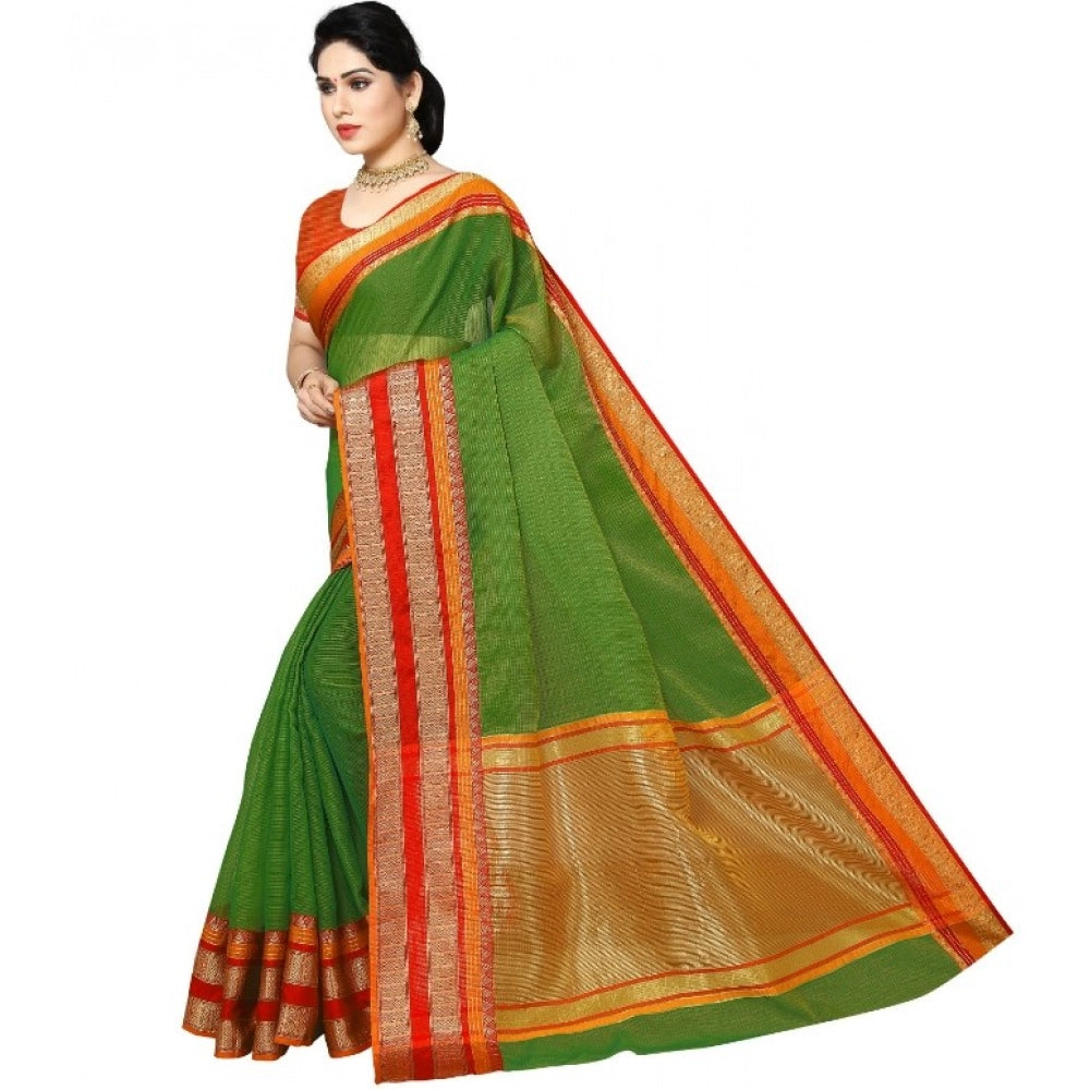 Vaystra Kota Doria Cotton Border Saree With Blouse – Green