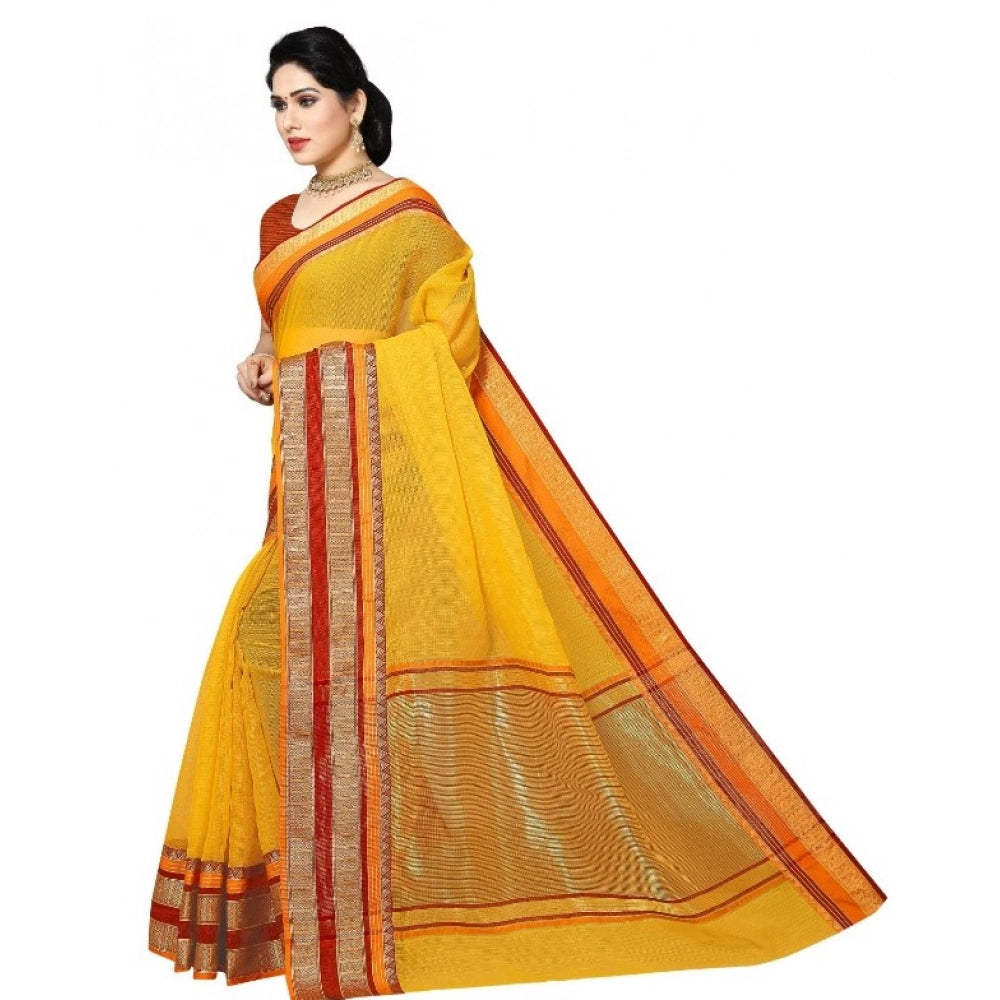 Vaystra Kota Doria Cotton Border Saree With Blouse – Yellow