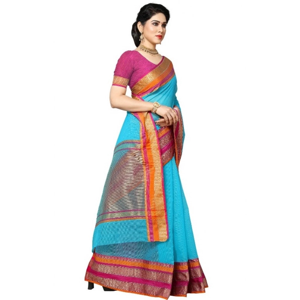 Vaystra Kota Doria Cotton Border Saree With Blouse – Sky Blue