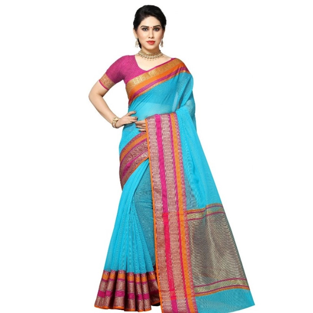 Vaystra Kota Doria Cotton Border Saree With Blouse – Sky Blue