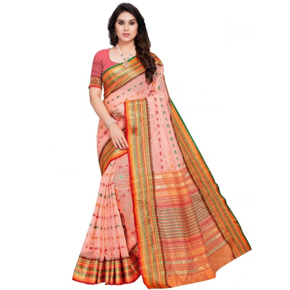 Vaystra Kota Doria Cotton Woven Butta Saree With Blouse – Peach