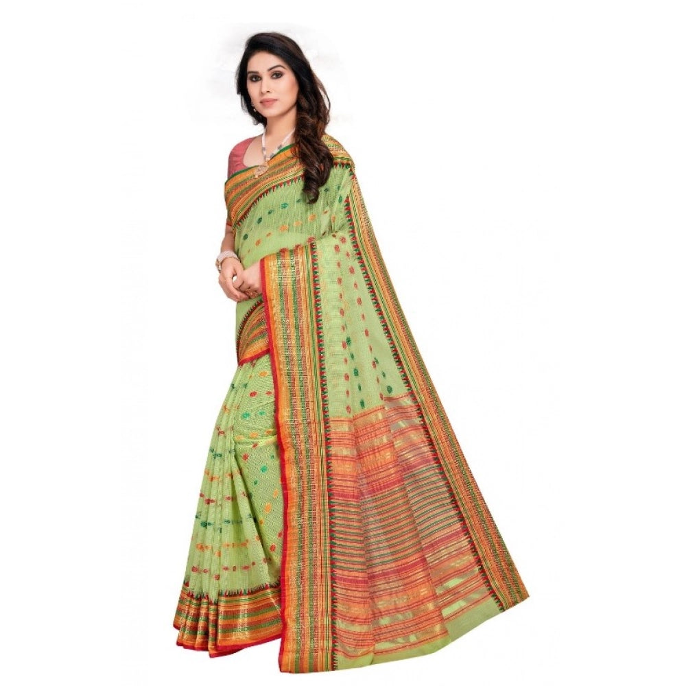 Vaystra Kota Doria Cotton Woven Butta Saree With Blouse – Light Green
