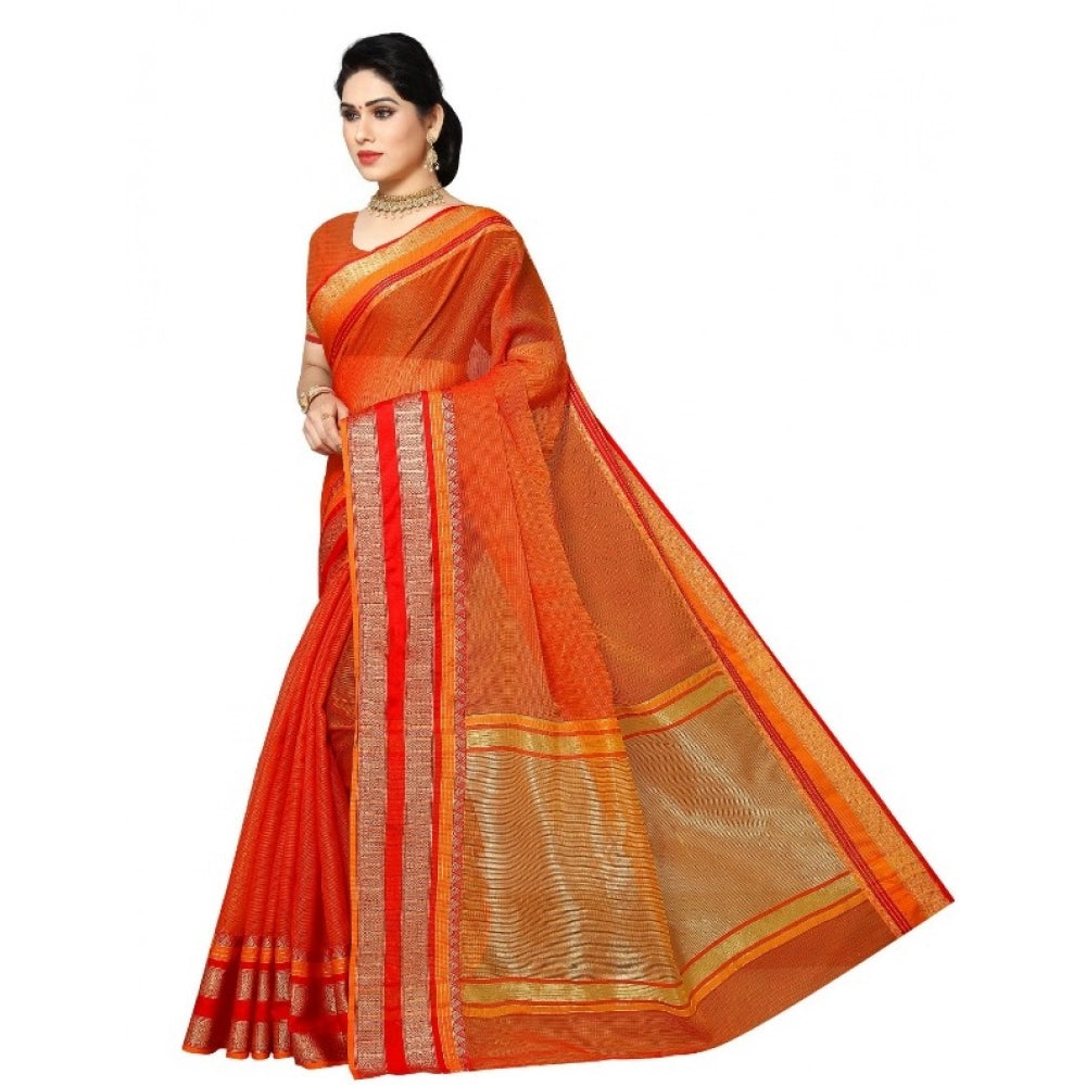 Vaystra Kota Doria Cotton Border Saree With Blouse – Orange