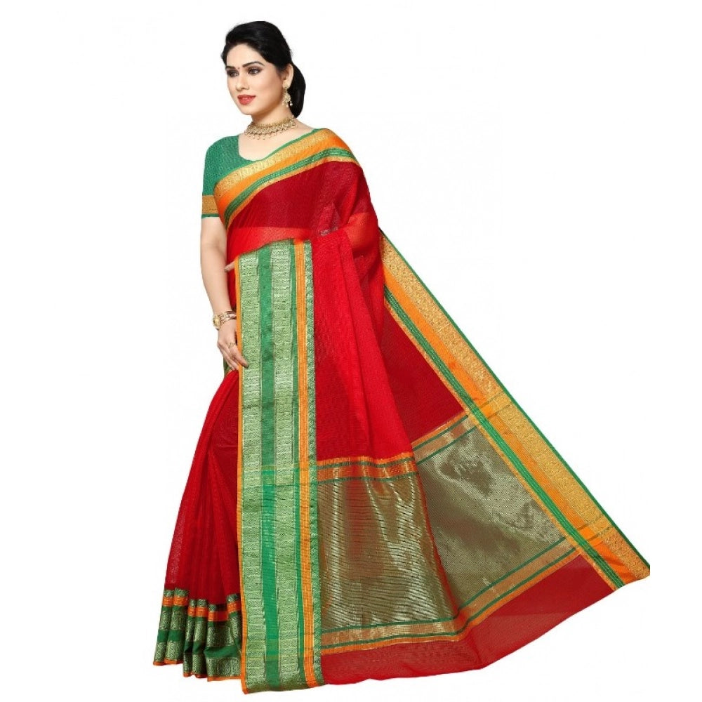 Vaystra Kota Doria Cotton Border Saree With Blouse – Red