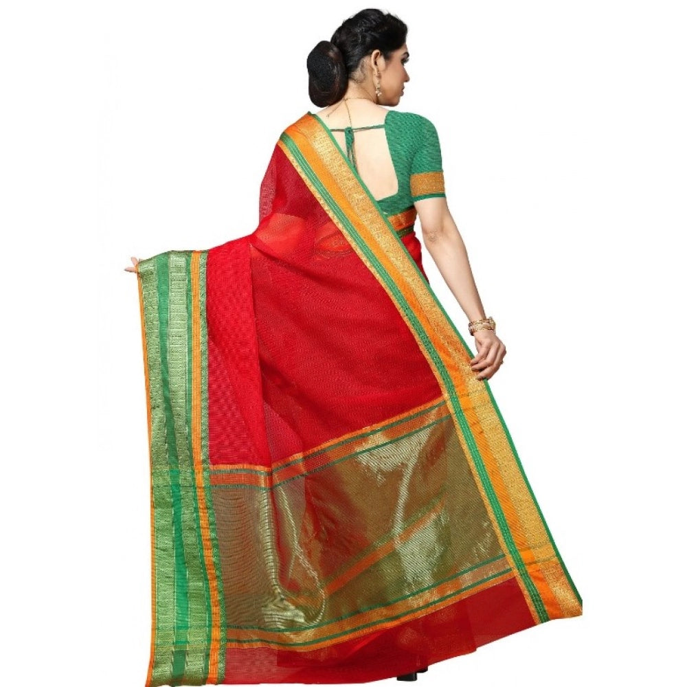 Vaystra Kota Doria Cotton Border Saree With Blouse – Red