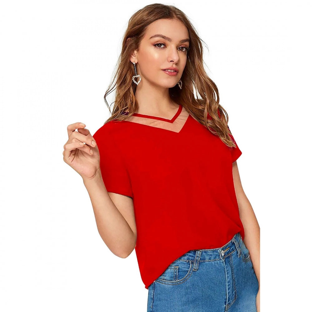 Vaystra Polyester, Knitting Western Wear T-Shirt – Red