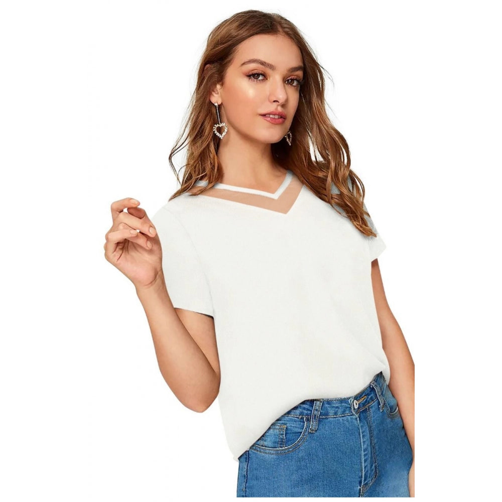 Vaystra Polyester, Knitting Western Wear T-Shirt – White