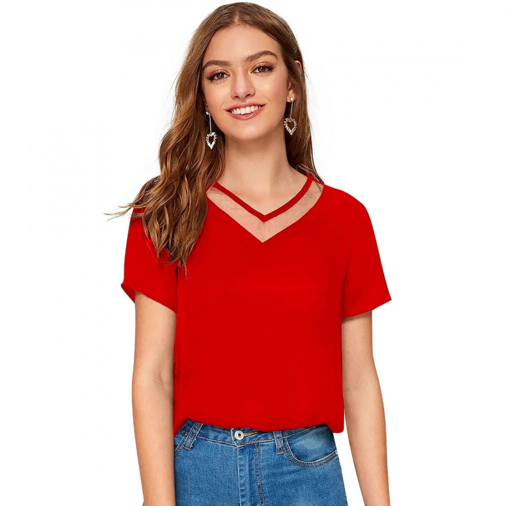 Vaystra Polyester, Knitting Western Wear T-Shirt – Red