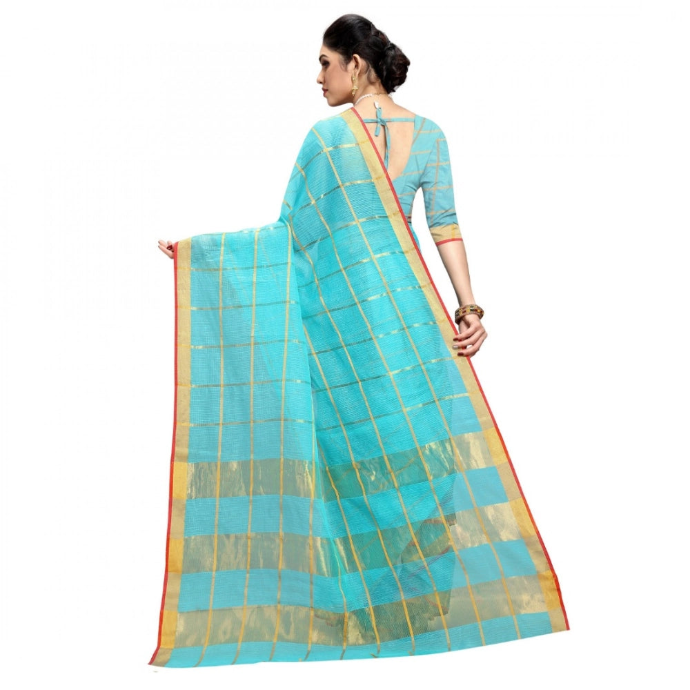 Vaystra Kota Doria Cotton Checked Saree With Blouse – Sky Blue