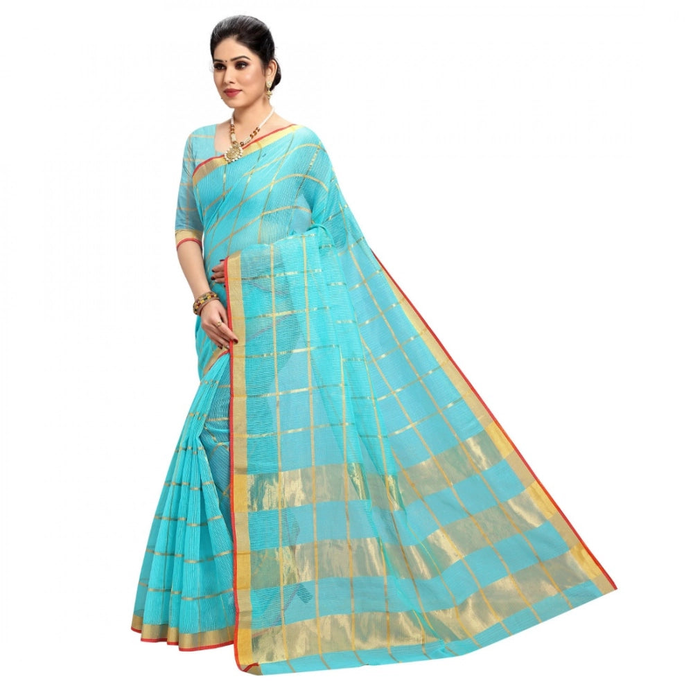 Vaystra Kota Doria Cotton Checked Saree With Blouse – Sky Blue