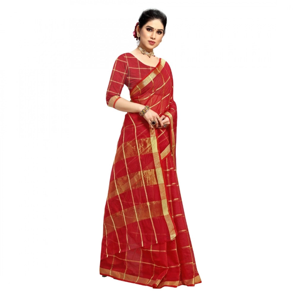 Vaystra Kota Doria Cotton Checked Saree With Blouse – Red