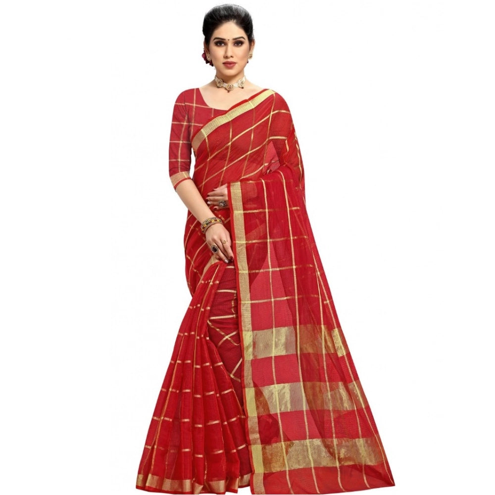 Vaystra Kota Doria Cotton Checked Saree With Blouse – Red