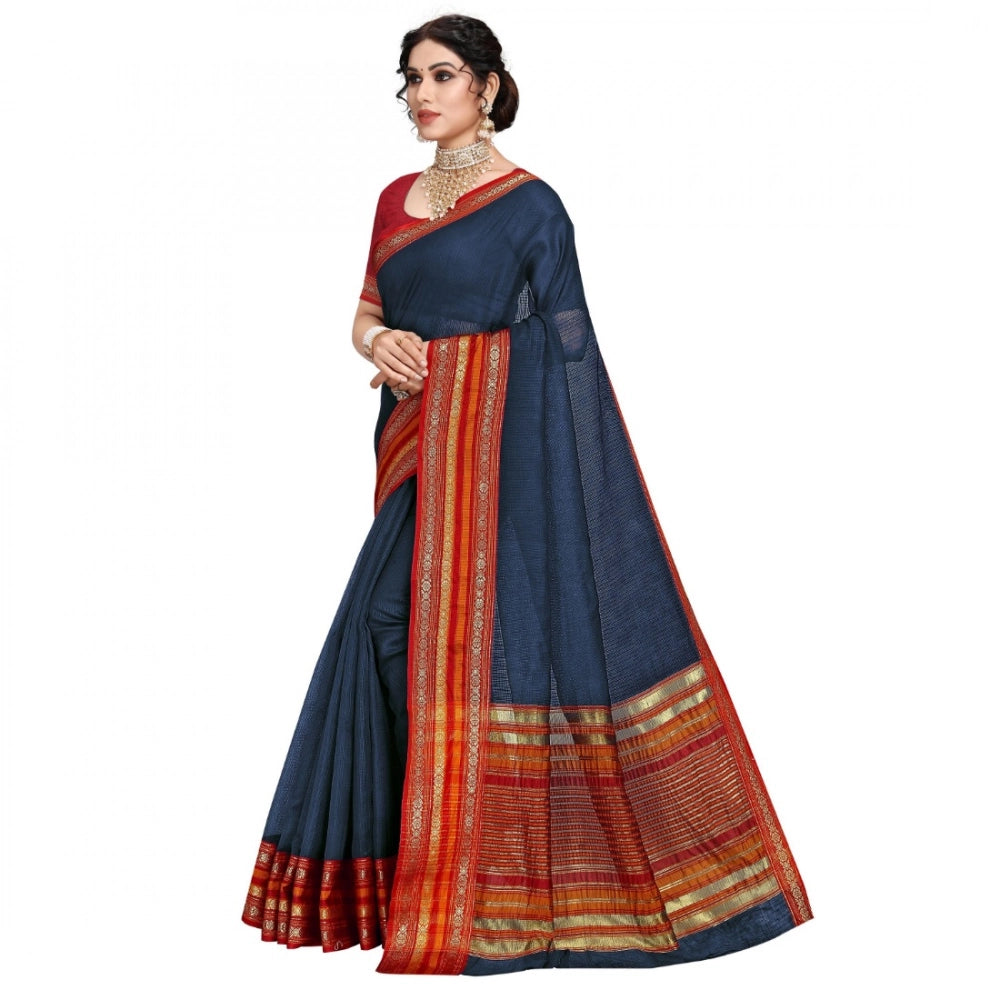 Vaystra Kota Doria Cotton Bordered Saree With Blouse – Navy Blue