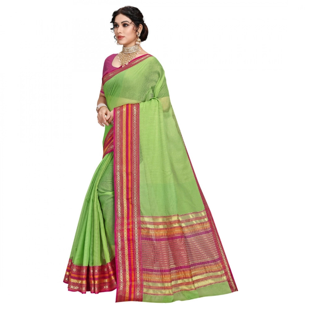 Vaystra Kota Doria Cotton Bordered Saree With Blouse – Light Green