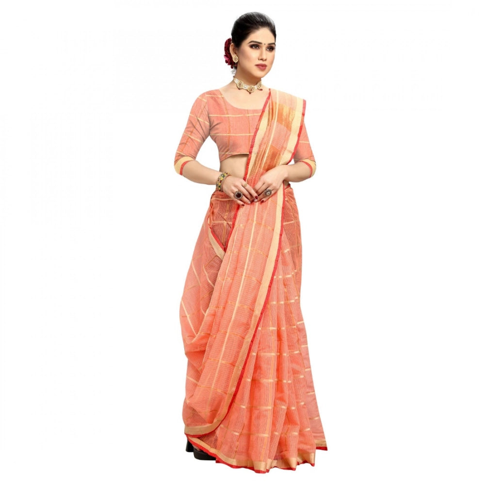 Vaystra Kota Doria Cotton Checked Saree With Blouse – Peach