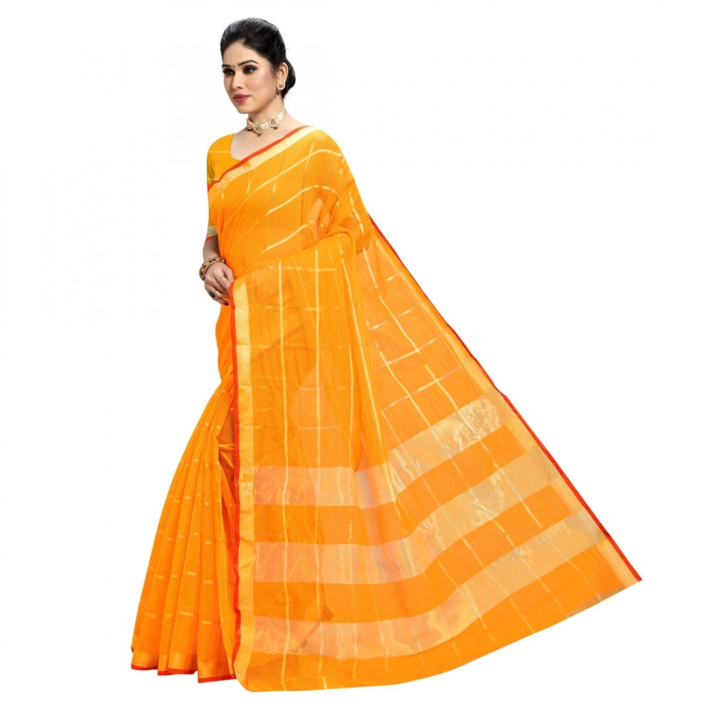 Vaystra Kota Doria Cotton Checked Saree With Blouse – Yellow
