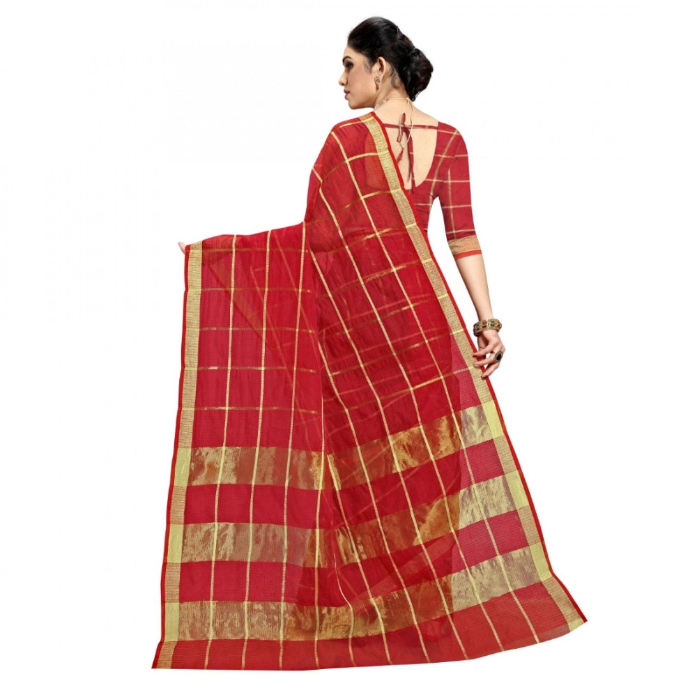 Vaystra Kota Doria Cotton Checked Saree With Blouse – Red