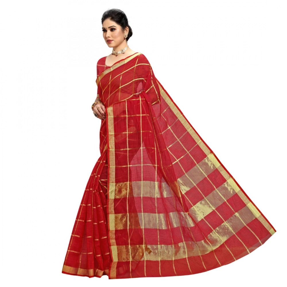Vaystra Kota Doria Cotton Checked Saree With Blouse – Red