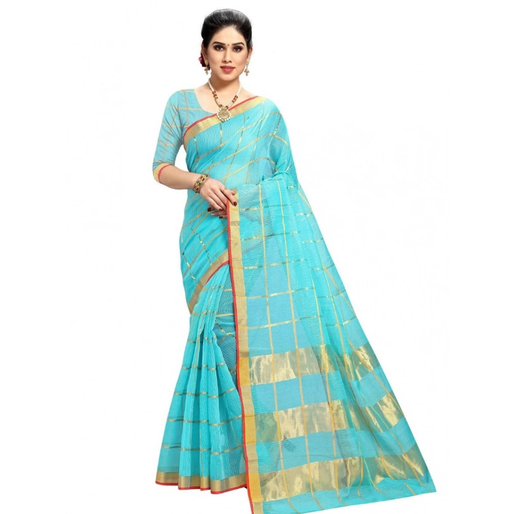 Vaystra Kota Doria Cotton Checked Saree With Blouse – Sky Blue